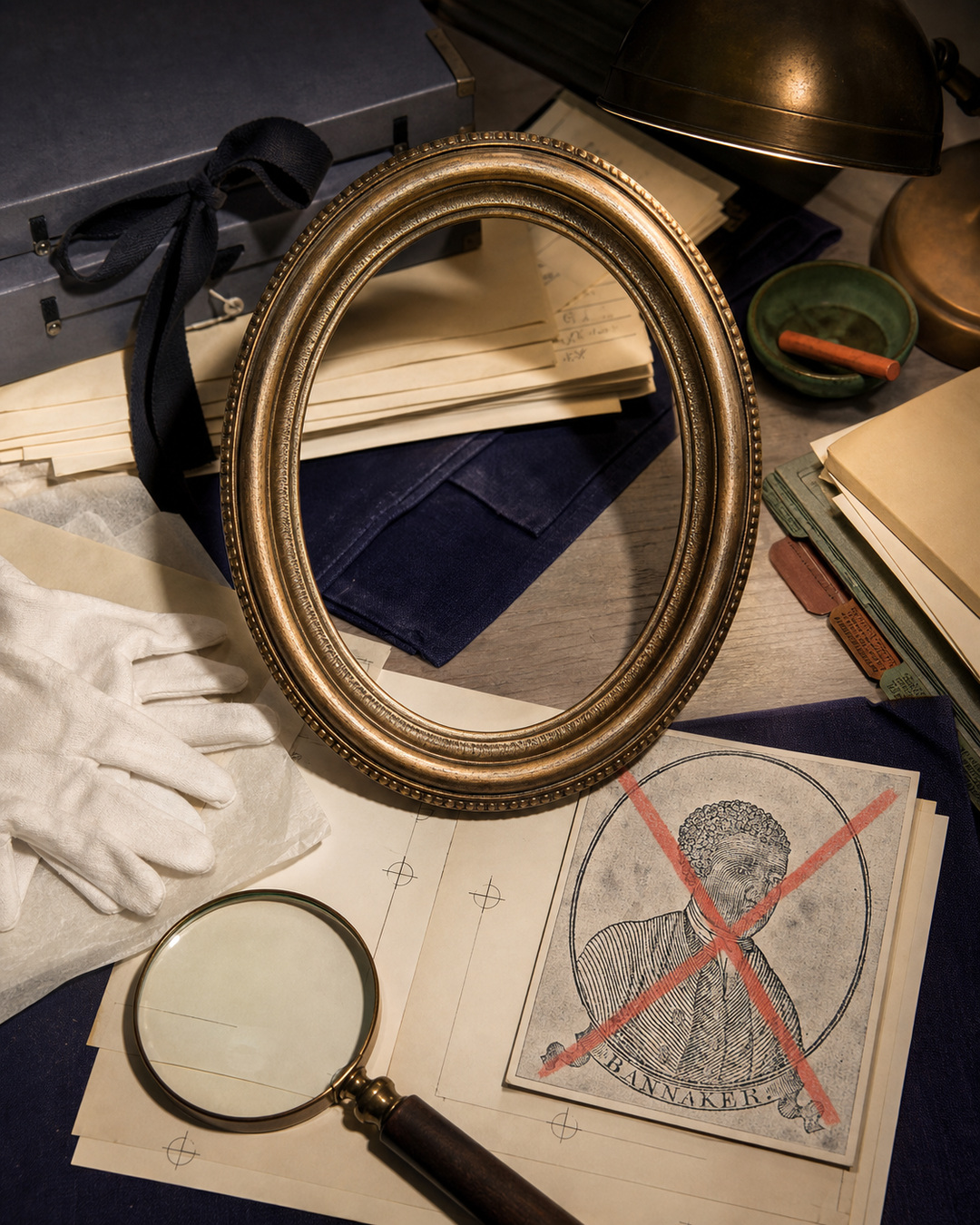 The myth-correction device: an empty portrait frame. No known likeness of Banneker survives. AI-ASSISTED INTERPRETATION.