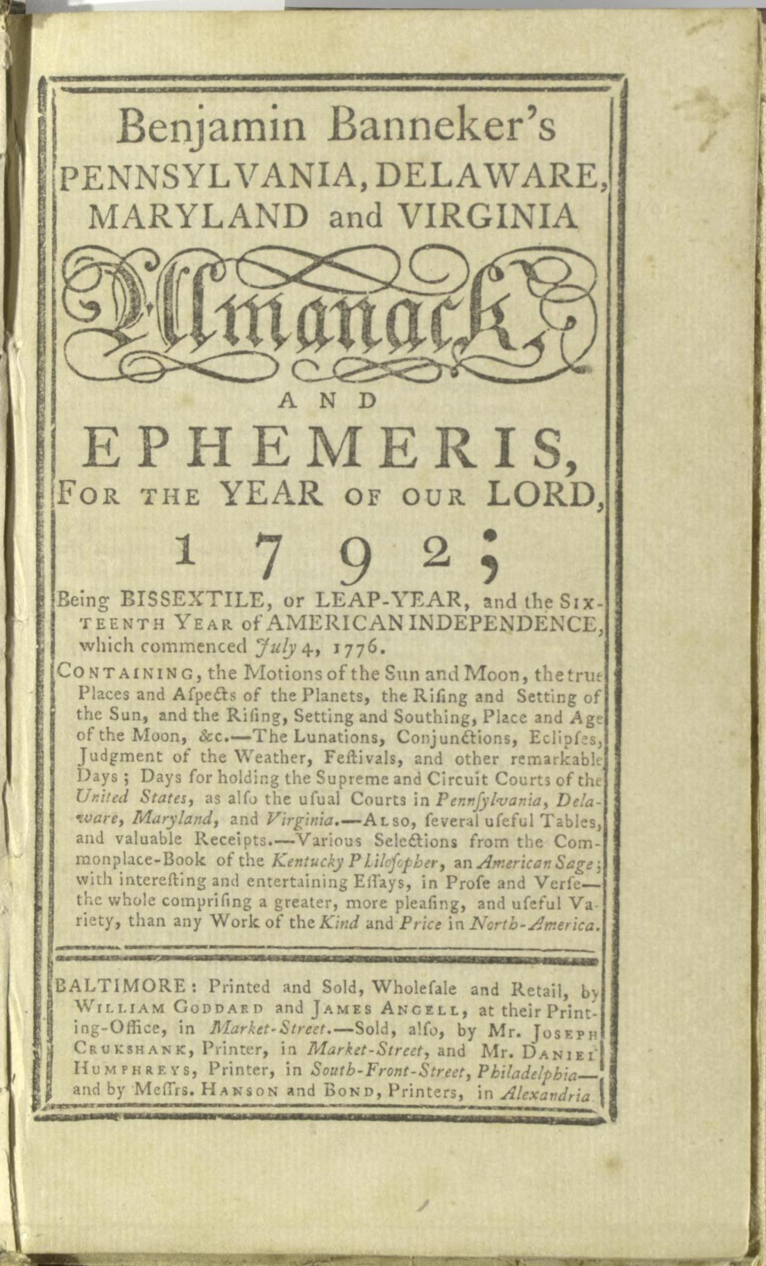 1792 almanac title page. Library of Congress, resource rbc0001.2019amal50590.