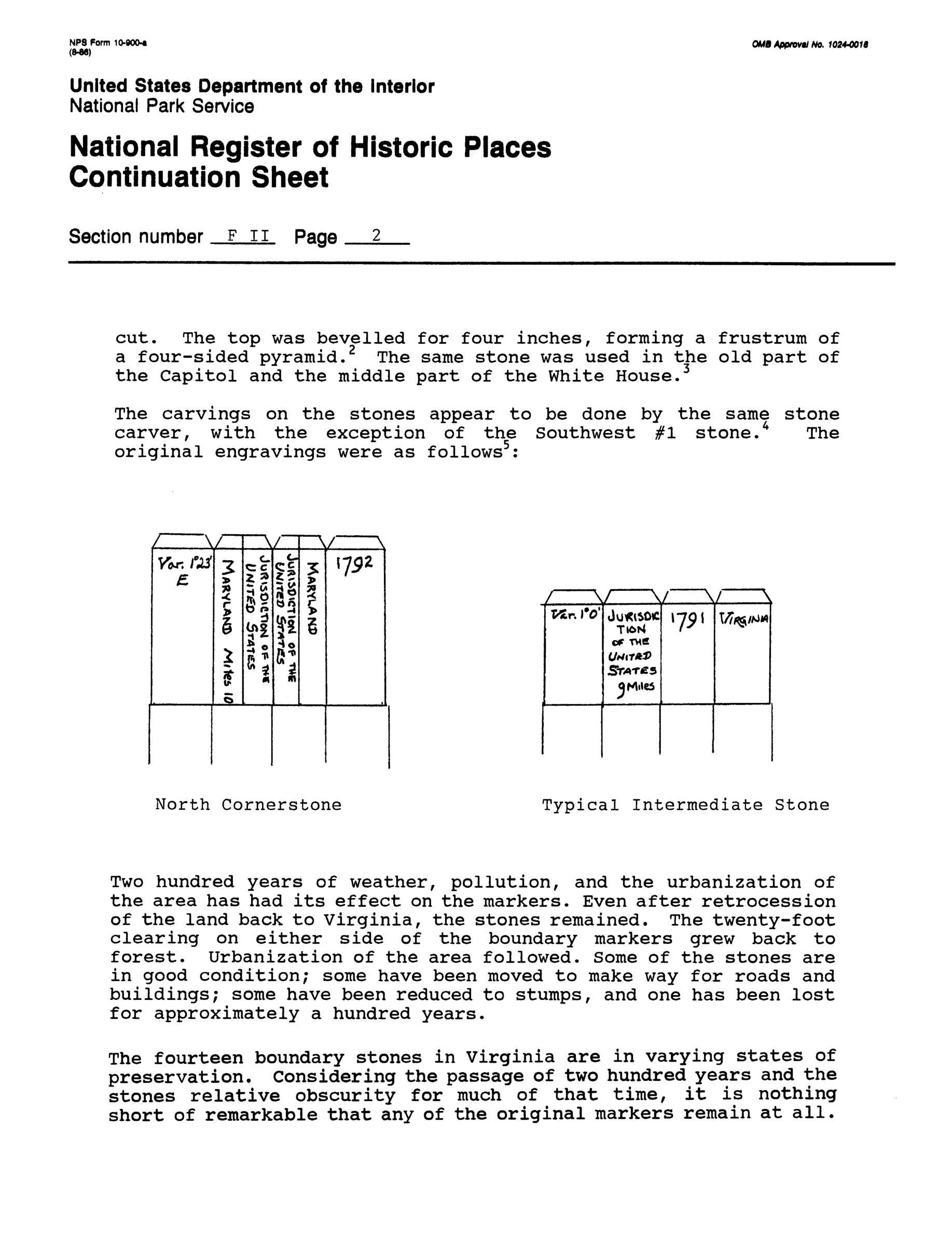 Boundary-stone inscriptions, North Cornerstone and Typical Intermediate Stone. National Register survey documentation, NPS.