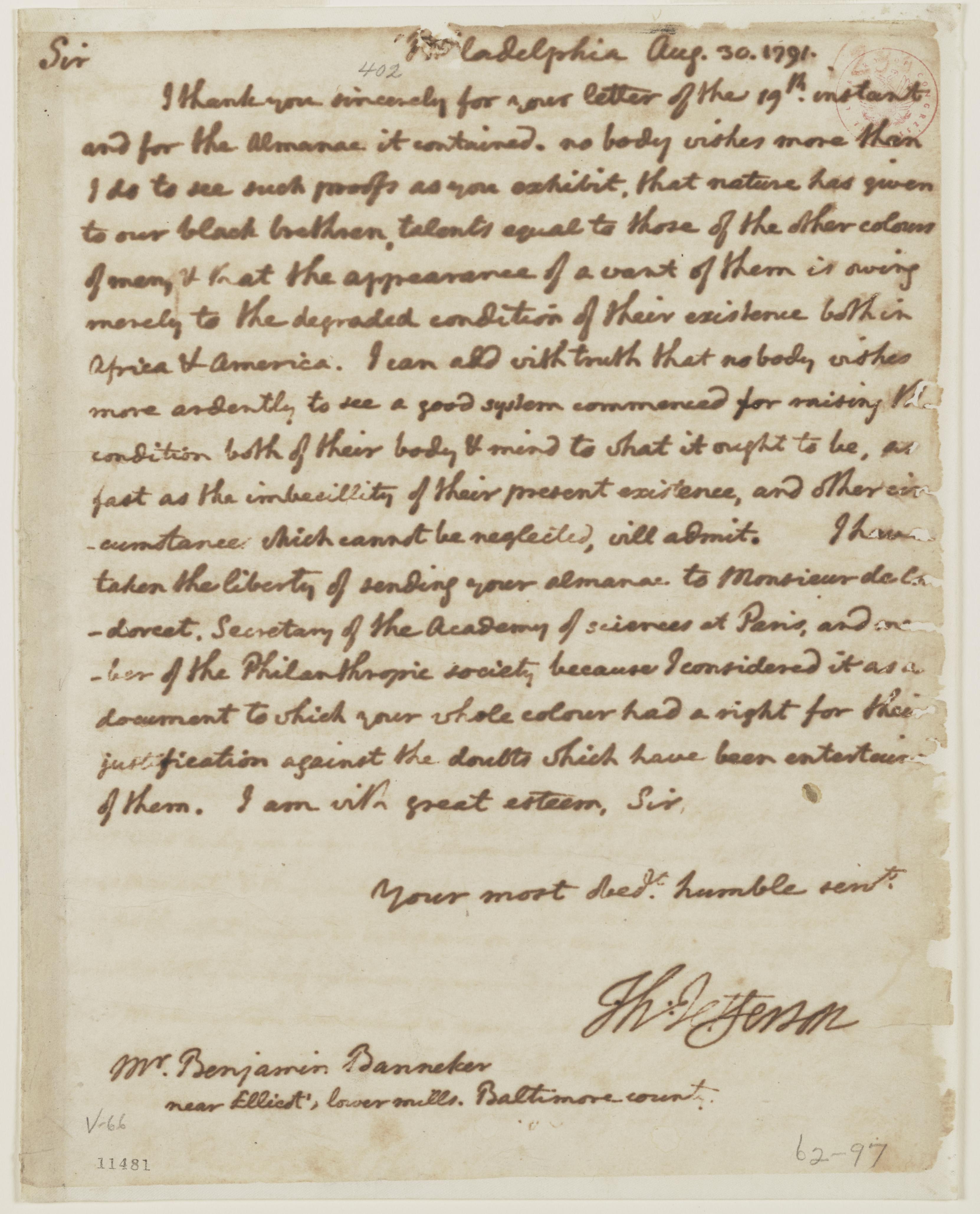 Thomas Jefferson's manuscript reply to Banneker, 30 August 1791, signed Th: Jefferson. Library of Congress, Manuscript Division, item mcc.028.